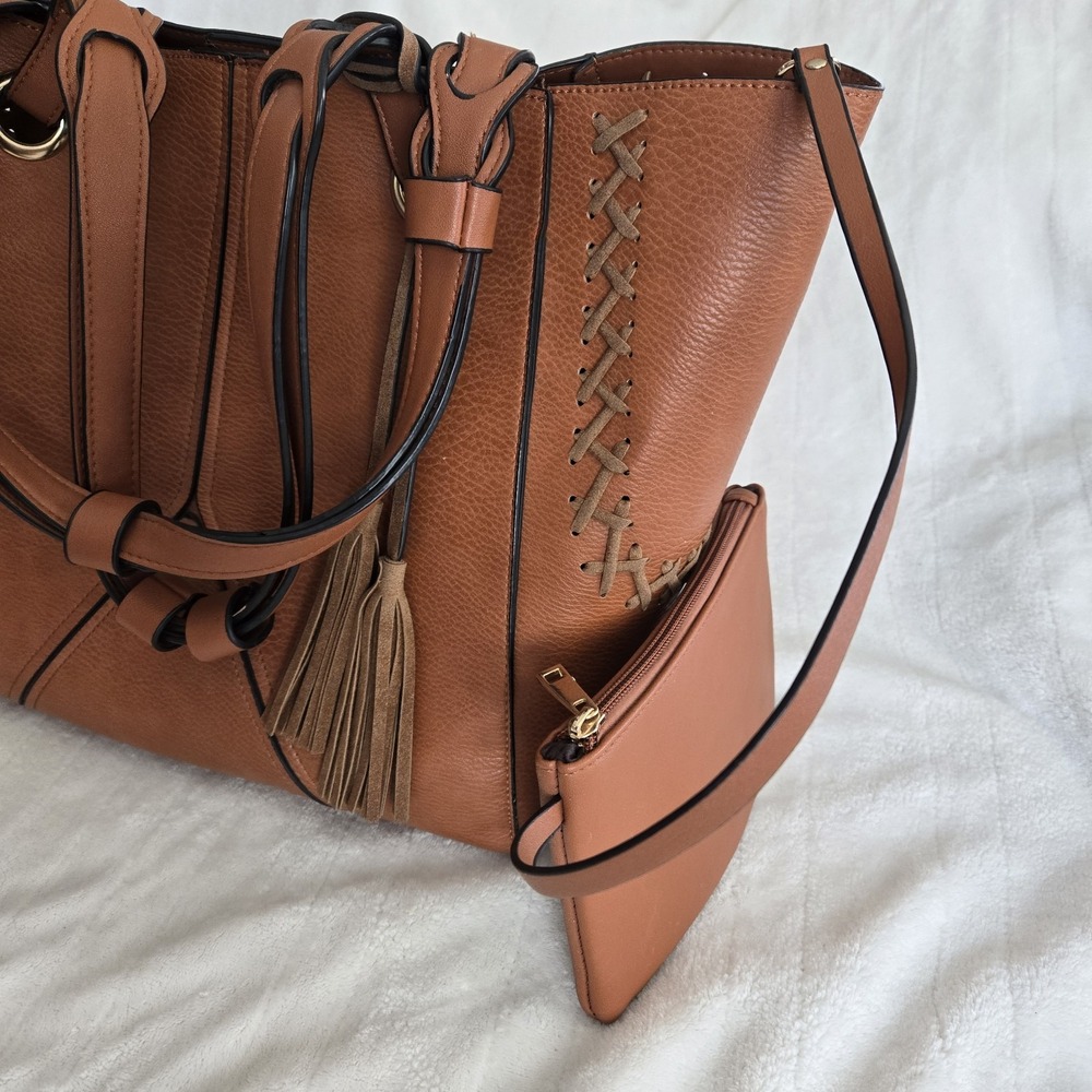 Boho Whipstitch Tassel Tote Camel‎ Pebbled Faux Leather Slouchy Western Chic Bag - Picture 2 of 16